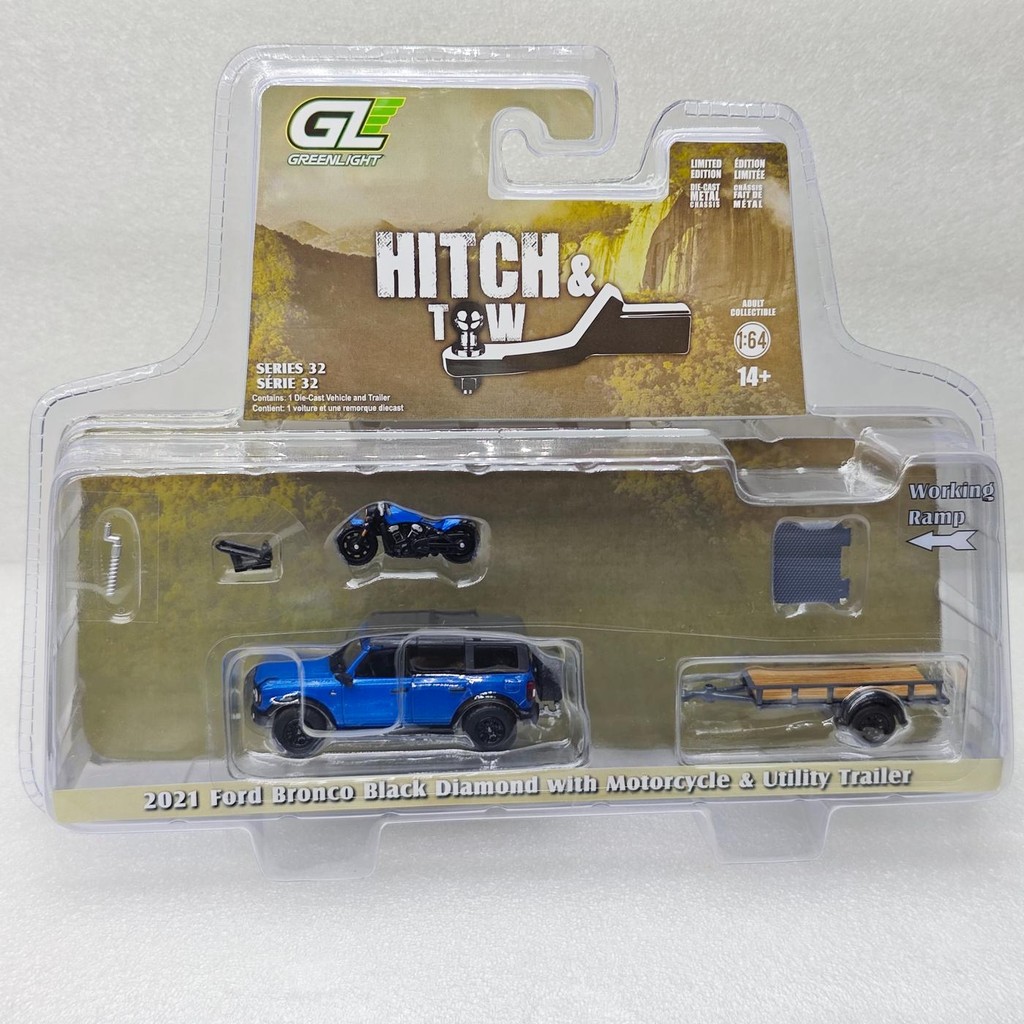 แสงสีเขียว 1: 64 H & T Series 32-2021 Ford Liema & Trailer และรถจักรยานยนต์ 32320-C