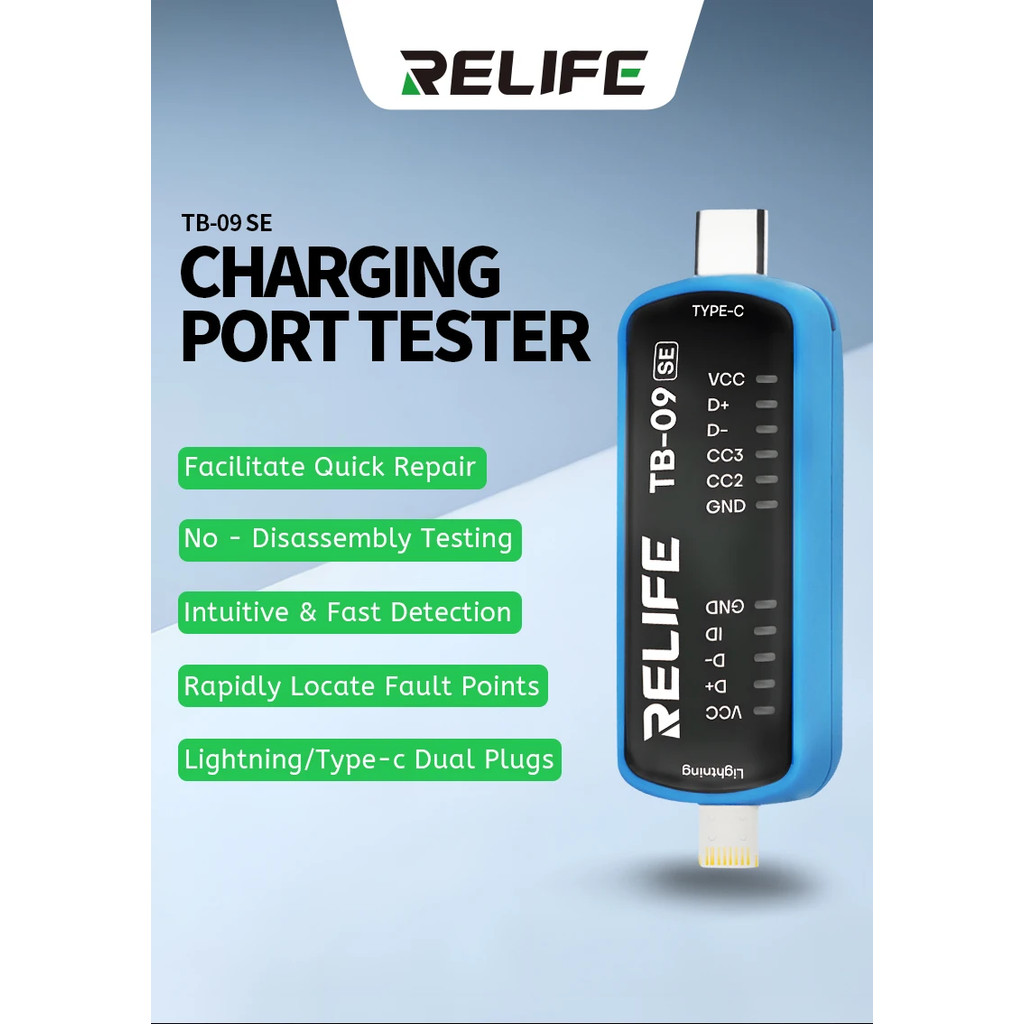 RELIFE TB-09 SE — เครื่องทดสอบพอร์ตชาร์จ Lightning + Type-C ในตัวเดียว
