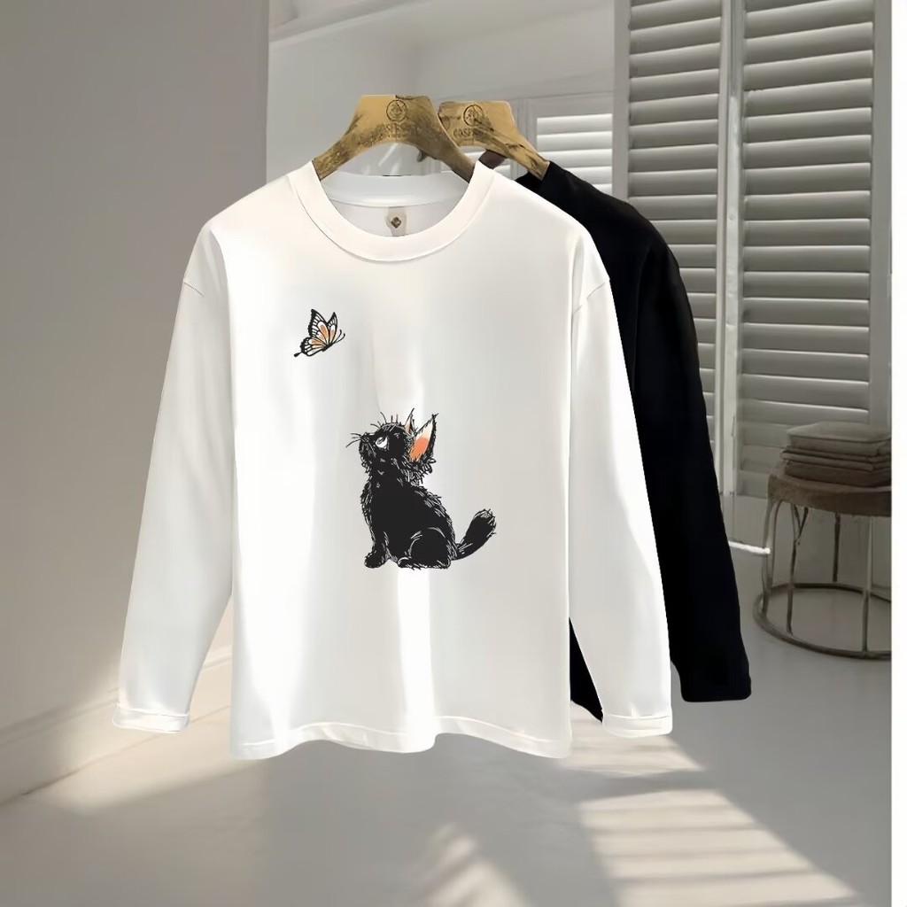 2025 NEW 2025 Heavy Korean Retro Cat Print Long Sleeve T-Shirt for Men and Women Autumn Loose Versat