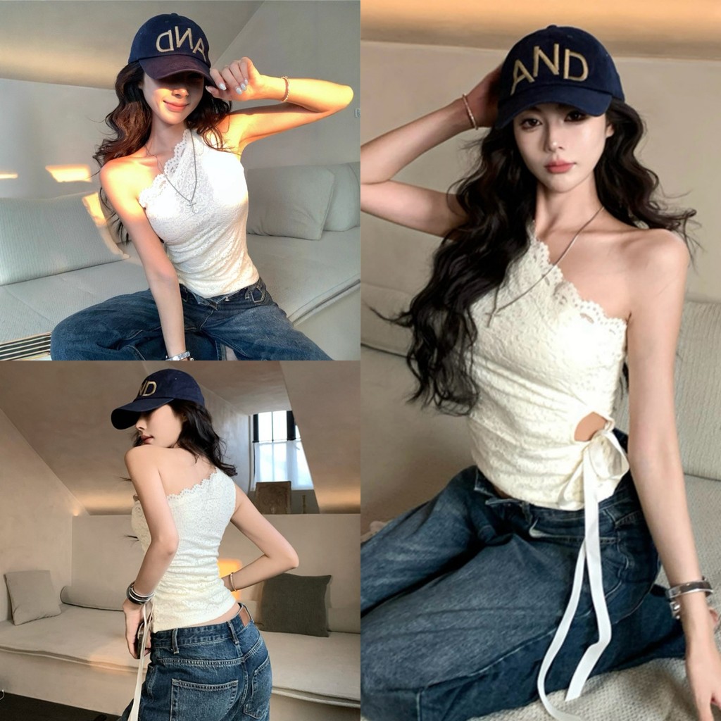 💘Bonnie💘เสื้อกล้ามแต่งลูกไม้ ปาดไหล่ แขนกุด สีพื้น สายเดียว เข้ารูป เสื้อครอป เกาหลีสไตล์ แฟชั่นสำหรับผู้หญิง