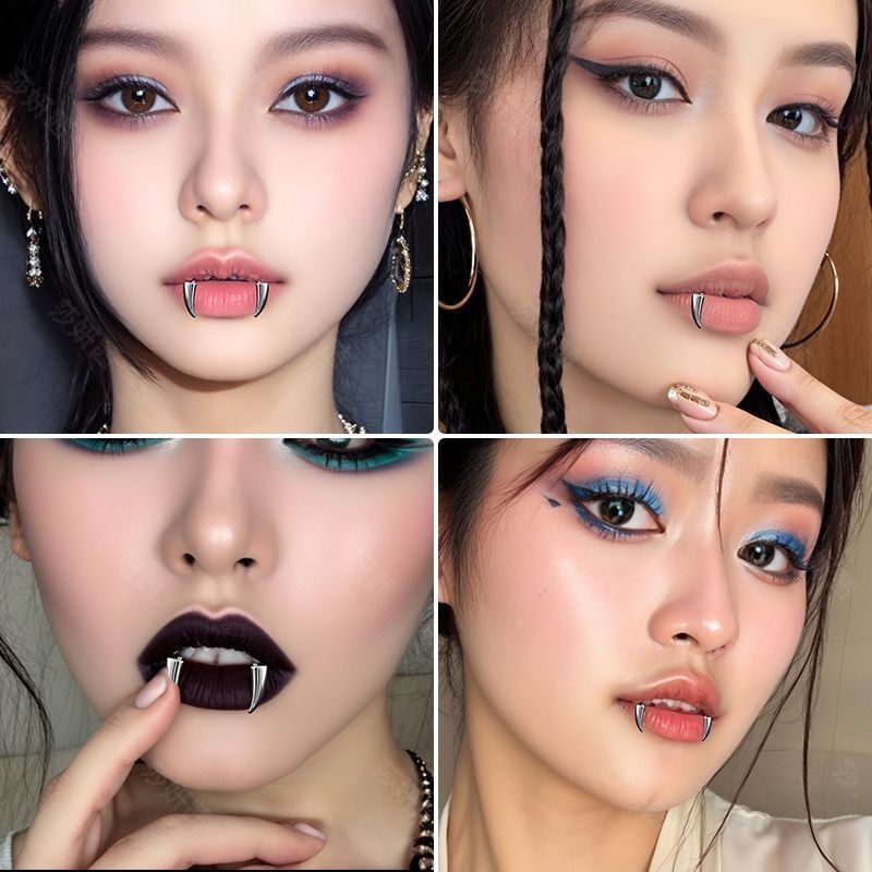 Vampire Lip Ring Fangs สแตนเลสพังค์ ไม่มีรู สำหรับสาวสไตล์หักหลัง