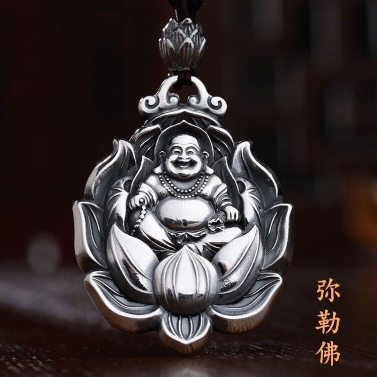 Retro 999 เงินสเตอร์ลิง Guanyin พระพุทธรูปจี้ผู้ชาย Pure Silver สร้อยคอ Amulet จี้ผู้หญิง Benming ปี