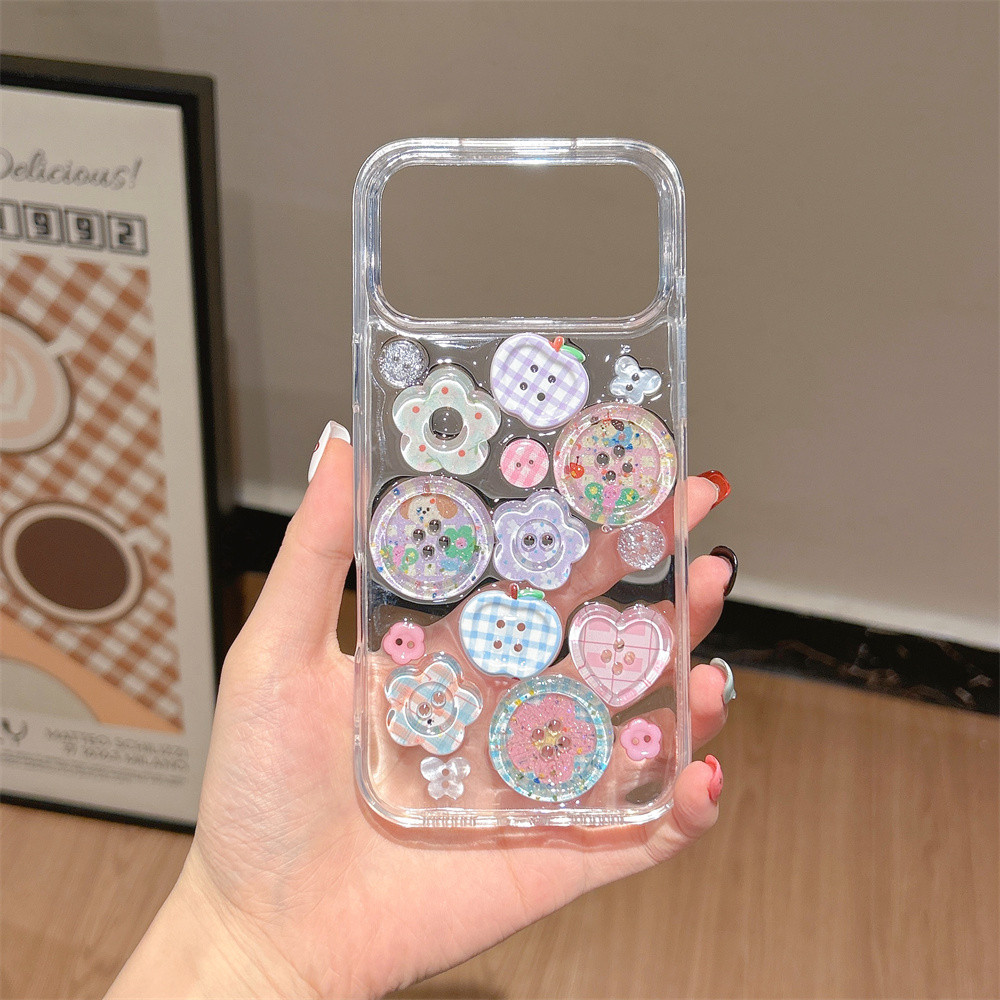 สําหรับiPhone 16 Pro Maxปุ่มดอกไม้Love 3Dเคสโทรศัพท์สีสันสดใสสําหรับiPhone 17 Pro Max 15 14 13 12 Pro Max 11 Insสไตล์เกาหลีRetroคลาสสิกคู่กันกระแทกฝาครอบTPUป้องกัน