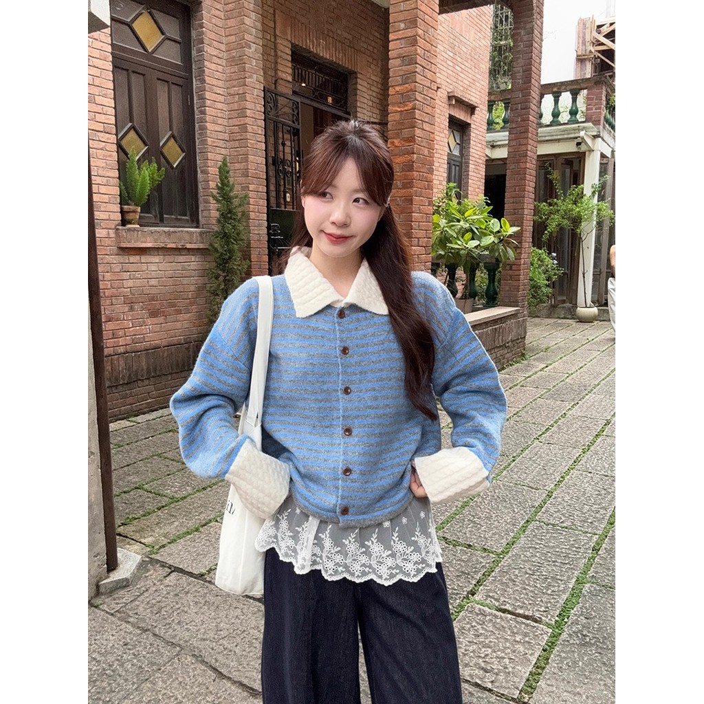 เสื้อโปโลลายทางทรงหลวมแขนยาว สำหรับสวมใส่วันสบายๆ