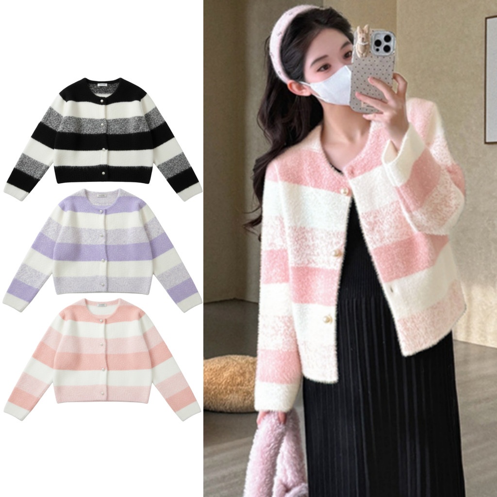 เสื้อแขนยาวคอกลมงานติดกระดุม แต่งลายทางไล่สีพาสเทล สไตล์เกาหลี ผ้าไหมพรมขนนุ่มนิ่ม ใส่สบาย แฟชั่นฤดูหนาว