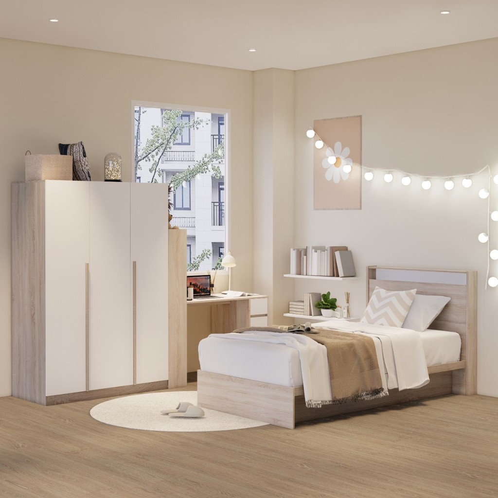 Looms ชุดห้องนอน KYOTO 3.5 ฟุต + REMUS-C + GRANT สีโซลิดโอ๊คตัดสีขาว  แบรนด์ LOOMS