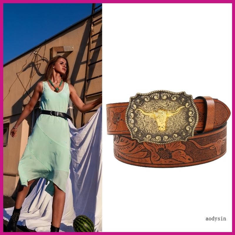 (ส่วนลดสูง)aodysin.th Longhorn Bull Belt Buckle Belt Vintage Western Belt Leather Belt Cowboy Belt