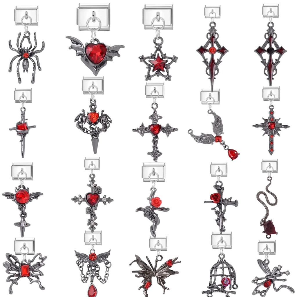 สร้อยข้อมือสไตล์พังค์ดำแดง ขนาด 9 มม. วัสดุสแตนเลส พร้อมcharm อิตาเลียน