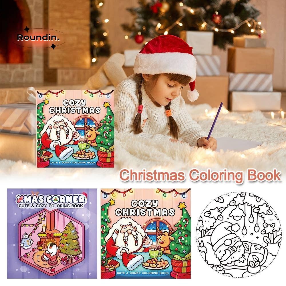 ROUNDIN สมุดระบายสีคริสต์มาส, Cozy Christmas Educational Graffiti Painting Book,การ์ตูนสร้างสรรค์ความเครียดบรรเทาภาพวาดของขวัญปกอ่อนสําหรับผู้ใหญ่และวัยรุ่น
