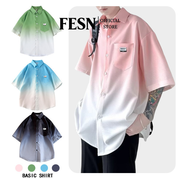 เสื้อเชิ้ตแขนสั้นไล่โทนสีหลวมแฟชั่นเกาหลีเหมาะกับผู้ชายและผู้หญิง