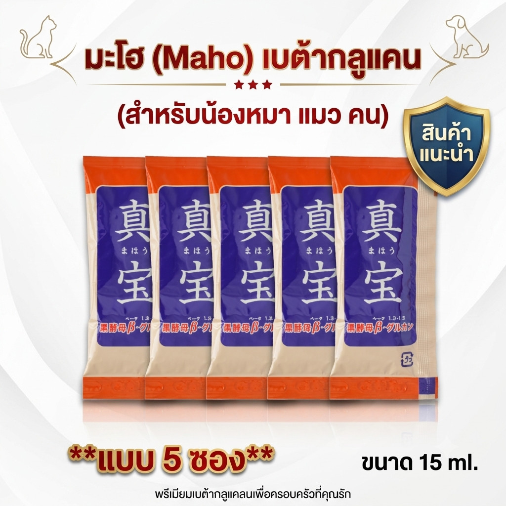 [แพ็ค 5 ซอง] มะโฮ เบต้ากลูแคน Maho อาหารเสริมกระตุ้นภูมิ สุนัข แมว สัตว์ป่วย ถุงน้ำดีอักเสบ จากญี่ปุ่น 15ml