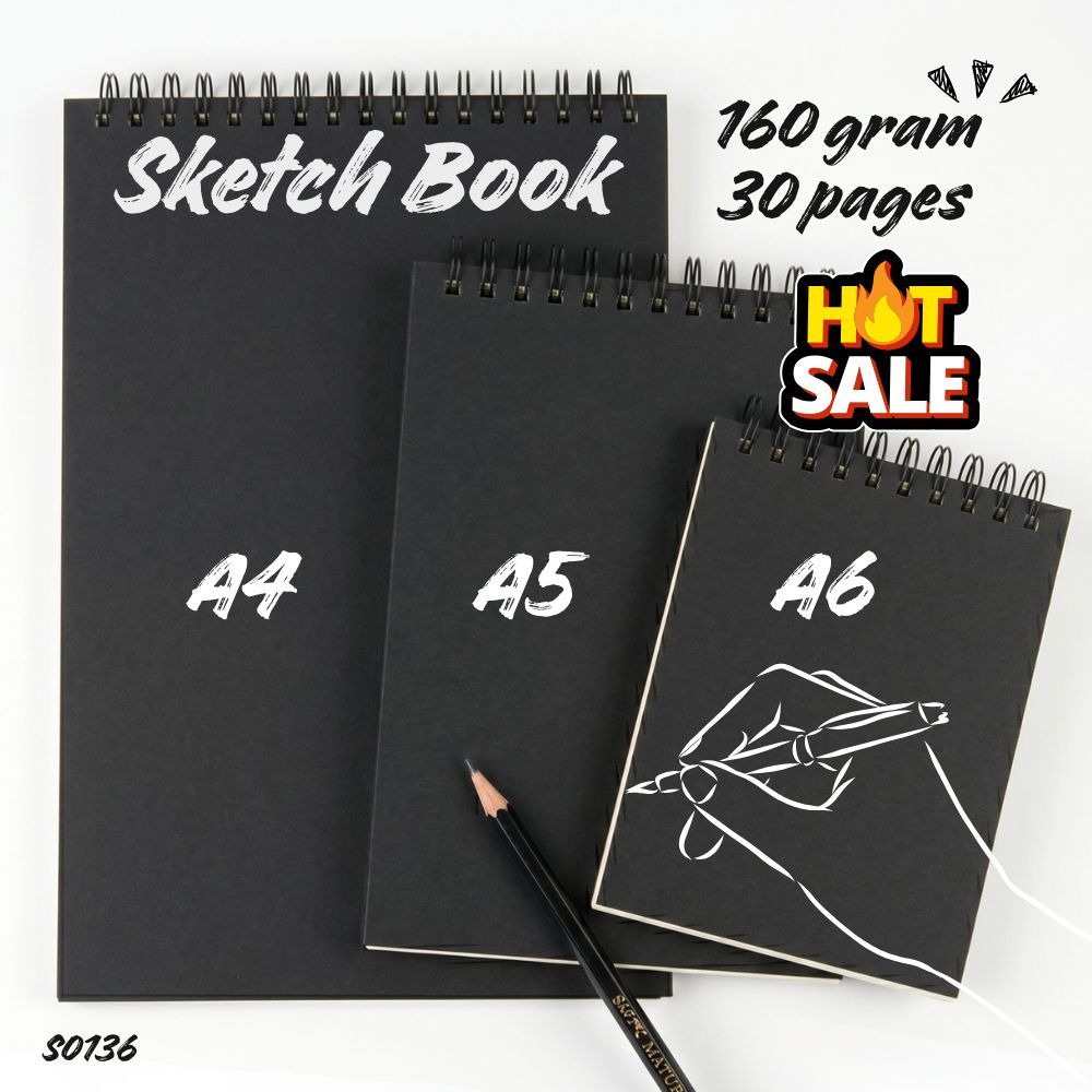 S0136 สมุดวาดรูป Sketchbook ริมลวด 160 แกรม (A4/A5/A6) 30หน้า ปกดำเรียบหรู สมุดวาดเขียน