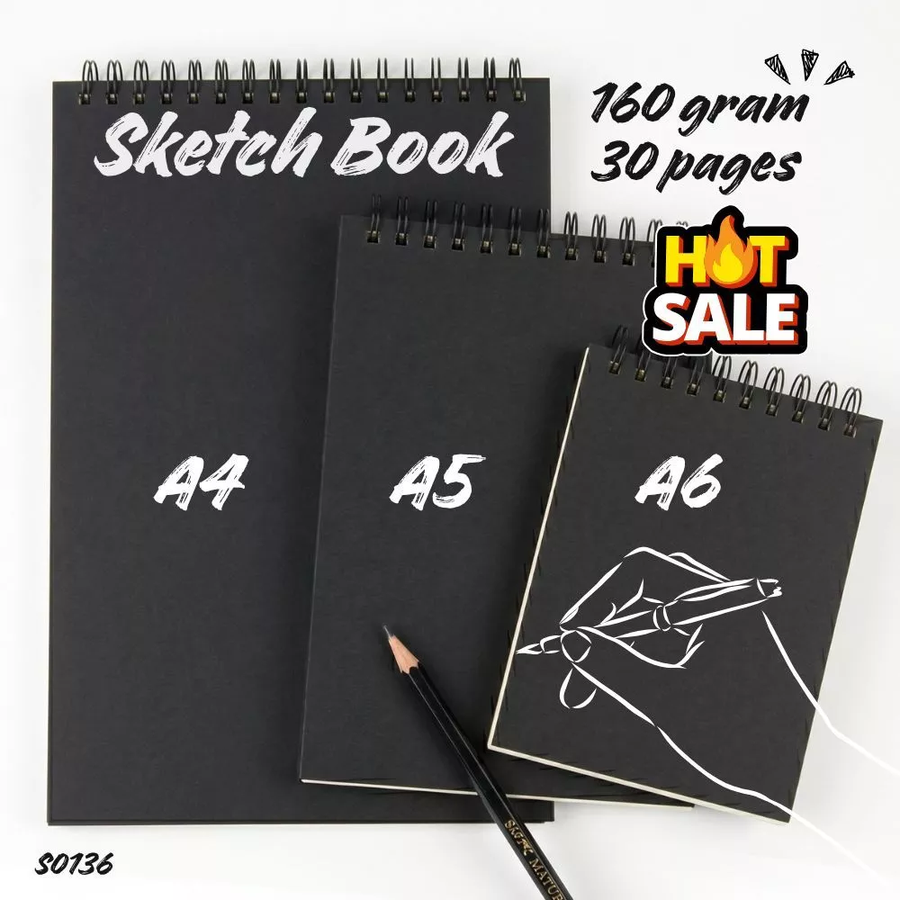 S0136 สมุดวาดรูป Sketchbook ริมลวด 160 แกรม (A4/A5/A6) 30หน้า ปกดำเรียบหรู สมุดวาดเขียน