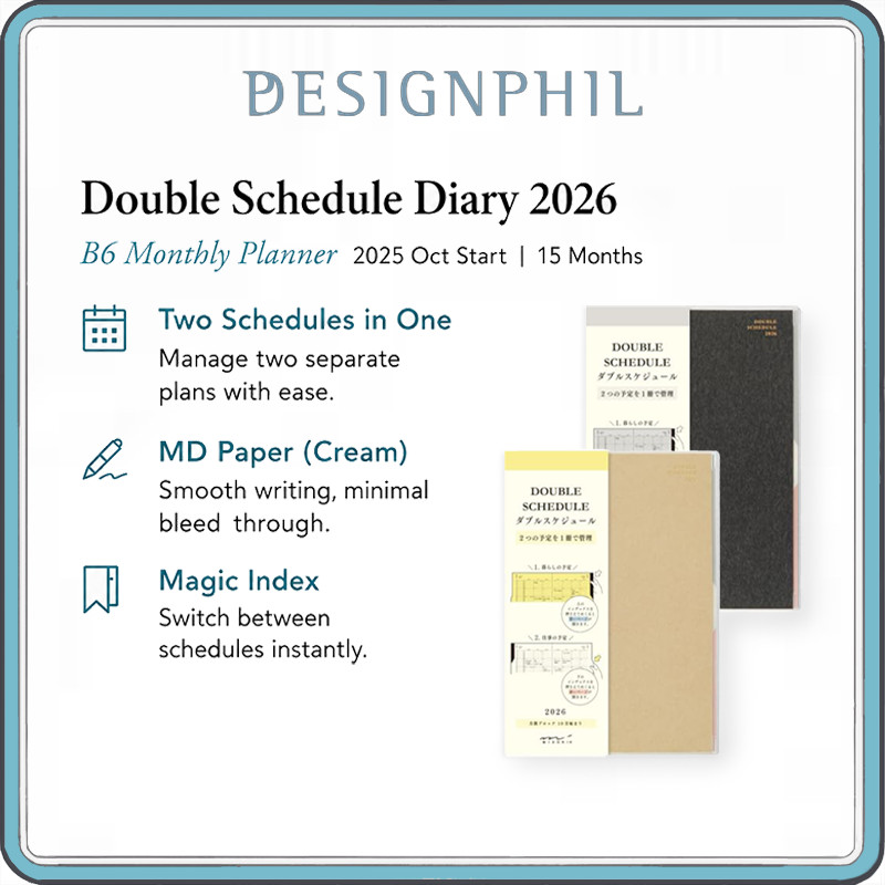MIDORI Double Schedule Diary 2026 B6 Monthly Planner | Dual Schedule Management | 15 Month Calendar 