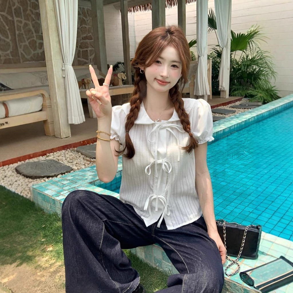 Aurae S-XL ตุ๊กตาหวานคอฟองแขนเสื้อสีขาวสำหรับผู้หญิง