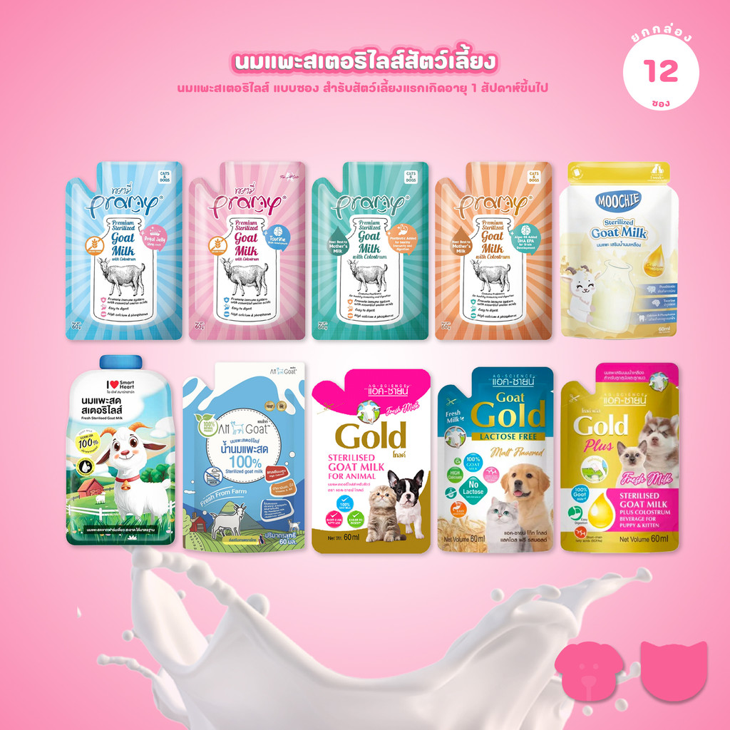 [ยกโหล 12 ซอง] นมแพะสเตอริไลส์ Sterilised Goat Milk รวมนมแพะ สำหรับสัตว์เลี้ยงทุกชนิด ขนาด 60-70 มล.