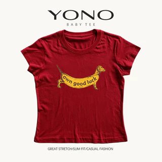 (พร้อมส่ง24ชม.) baby tee สีเบจ ลายหมาดัชชุนตัวอักษร good luck ฟีลวินเทจขี้เล่น ทรงเข้ารูป ใส่ชิคทุกวัน