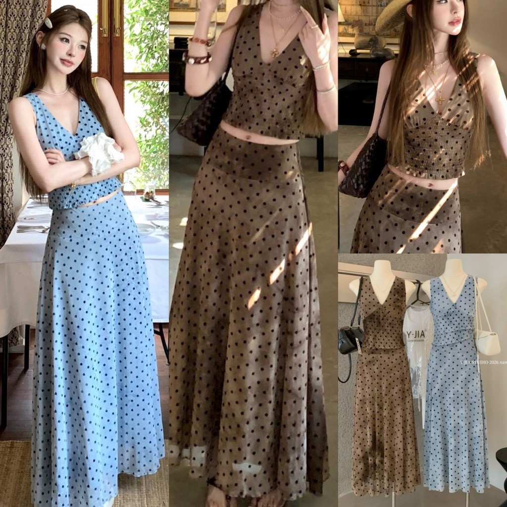 ❤ 🧵 🇰🇷 Y2303 เซ็ท 2 ชิ้น เสื้อคอวีแขนกุด แต่งสมอคช่วงเอว ลายจุด polka dot กระโปรงยาว แฟชั่นเกาหลี TAG Yjia 🧡