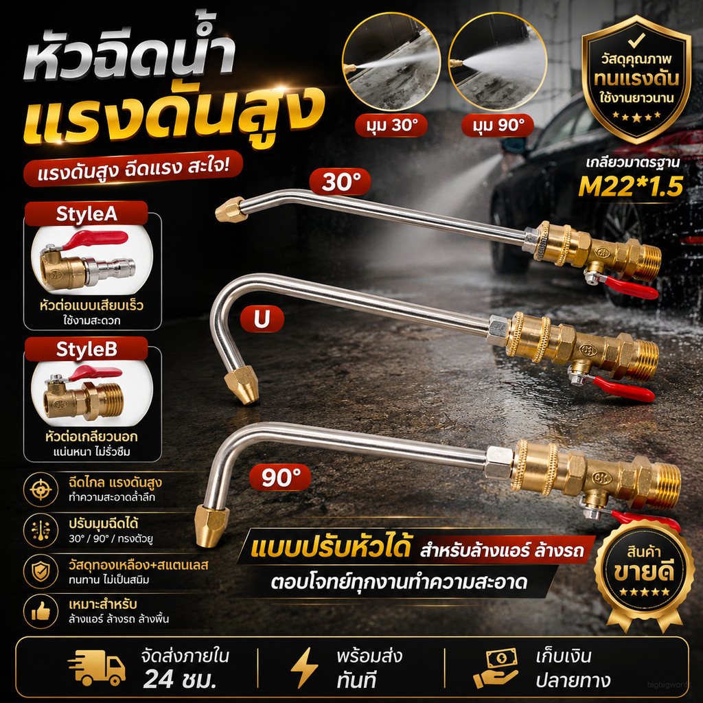 หัวต่อปืนฉีดน้ำ M22 สวมเร็ว หัวฉีดล้างแอร์แรงดันสูง วาล์วน้ำทองเหลือง งานล้างรถ