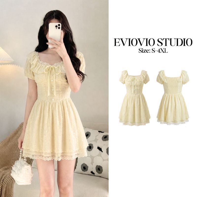 【EVIOVIO】💫S-4XL พร้อมส่ง มินิเดรสแขนตุ๊กตาสุดคิวท์ สีเหลืองพาสเทลขับผิว ทรงสวยเป๊ะพร้อมเช็คอินคาเฟ่ทุกลุค ชุดสาวอวบ