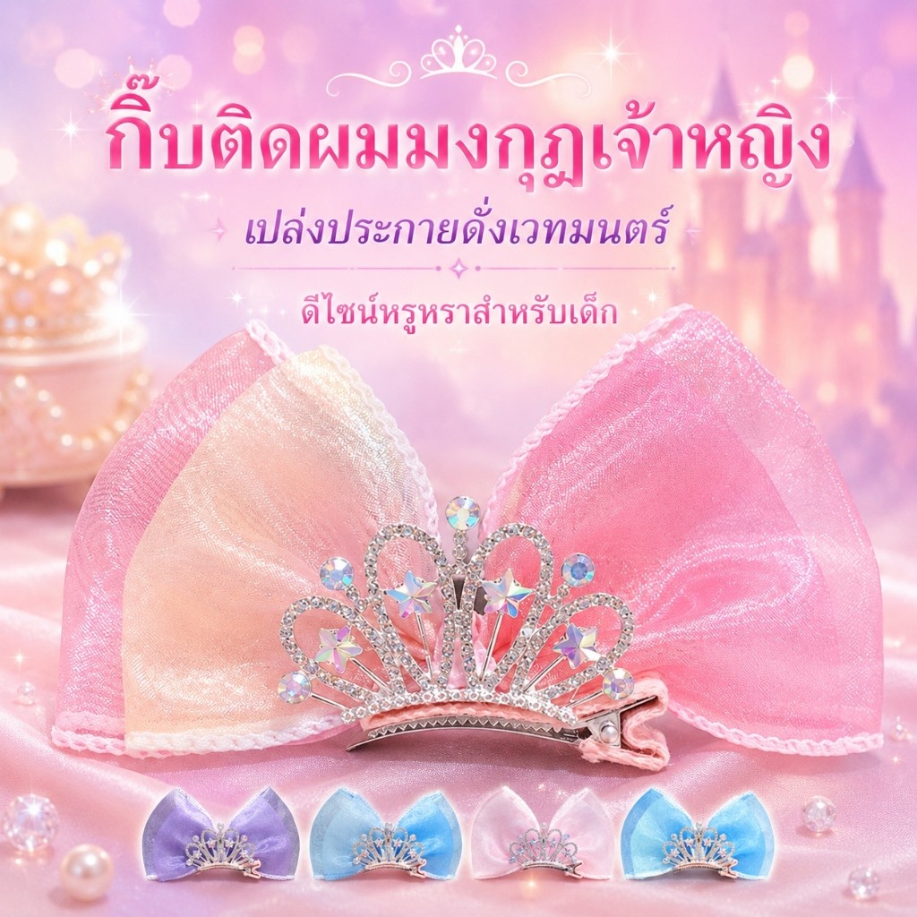 กิ๊บติดผมเด็ก กิ๊บโบว์เจ้าหญิงมงกุฎ ประดับเพชร ขนาดใหญ่ สีหวาน สไตล์เกาหลี สำหรับเด็กหญิง งานวันเกิด แฟนซี
