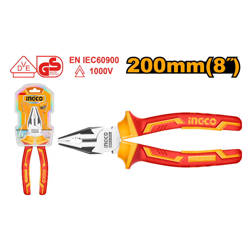 INGCO คีมปากจิ้งจกขนาด 8 นิ้ว หุ้มฉนวน VDE กันไฟฟ้า 1000 โวลท์ รุ่น HICP28208 (Insulated Combination Pliers)