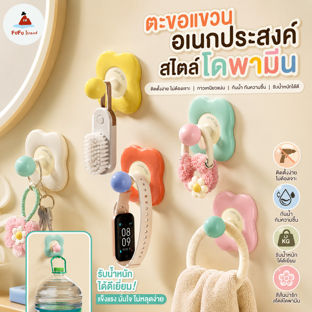 ตะขอติดผนังรูปดอกไม้สีสันโดพามีน แพ็คละ4ชิ้น ไม่เจาะรู กันน้ำกันชื้น รับน้ำหนักดี แขวนผ้าขนหนูอุปกรณ์ห้องน้ำห้องแต่งตัว