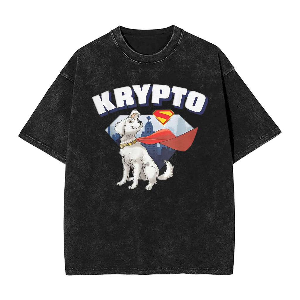 DC Supergirl Krypto Superdog Graphic Print Mens Heavyweight 100% Washed Cotton Oversize Distressed S