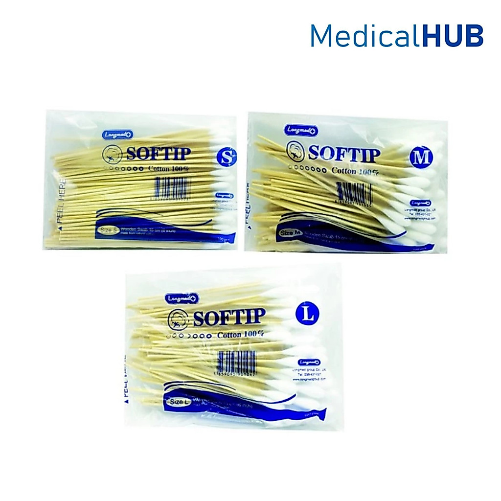 Longmed Softip ไม้พันสำลี สำลีก้าน บรรจุ 100 ก้าน ขนาด S (05203) , M (05202) , L (05201)