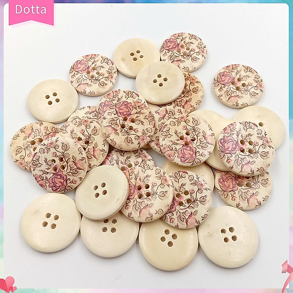 (dottam) กระดุมไม้ ทรงกลม ลายดอกไม้ 4 รู สไตล์วินเทจ สําหรับเย็บผ้า งานฝีมือ DIY 30 ชิ้น