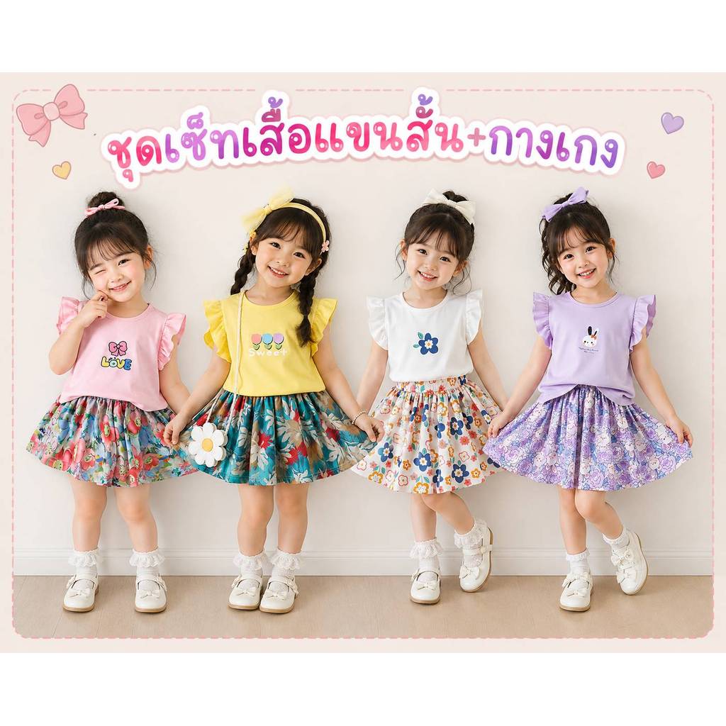 สินค้าพร้อมส่ง ชุดเซ็ตเด็กผู้หญิง เสื้อแขนสั้น กางเกง ขาสั้น สีหวานๆ น่ารักมากๆ ผ้านิ่ม ใส่สบาย