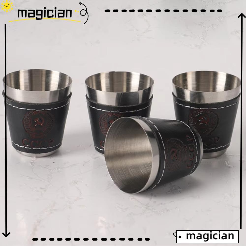 MAGICIAN ชุดเดินทางกลางแจ้ง 4 ชิ้น,ถ้วยกาแฟสแตนเลสแบบพกพา,คุณภาพสูงพร้อมปลอกถ้วยหนัง PU แบบพกพาออกแบบถ้วยเบียร์แคมป์ปิ้ง
