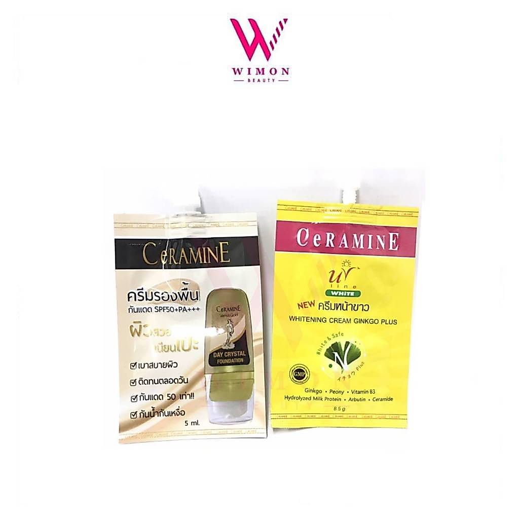 (แบบซอง) Ceramine Whitening Cream Ginkgo Plus/Day Crystal Foundation เซอรามายน์ ไวท์เทนนิ่ง ครีม และ ครีมรองพื้นกันแดด