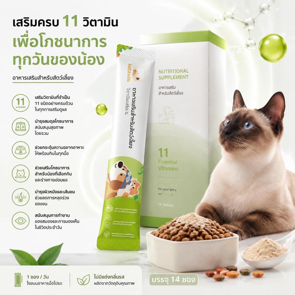 Ketzuzu 12/24 แพ็ค อาหารเสริมแมวให้อ้วน วิตามินแมว วิตามินรวมผง เพิ่มคุณค่ามื้ออาหารแมว 14g