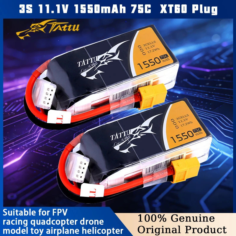 TATTU 11.1V 3S 1550mAh 75C แบตเตอรี่ Lipo เดิมสําหรับเฮลิคอปเตอร์ Drone Quadcopter Drone FPV Racing 