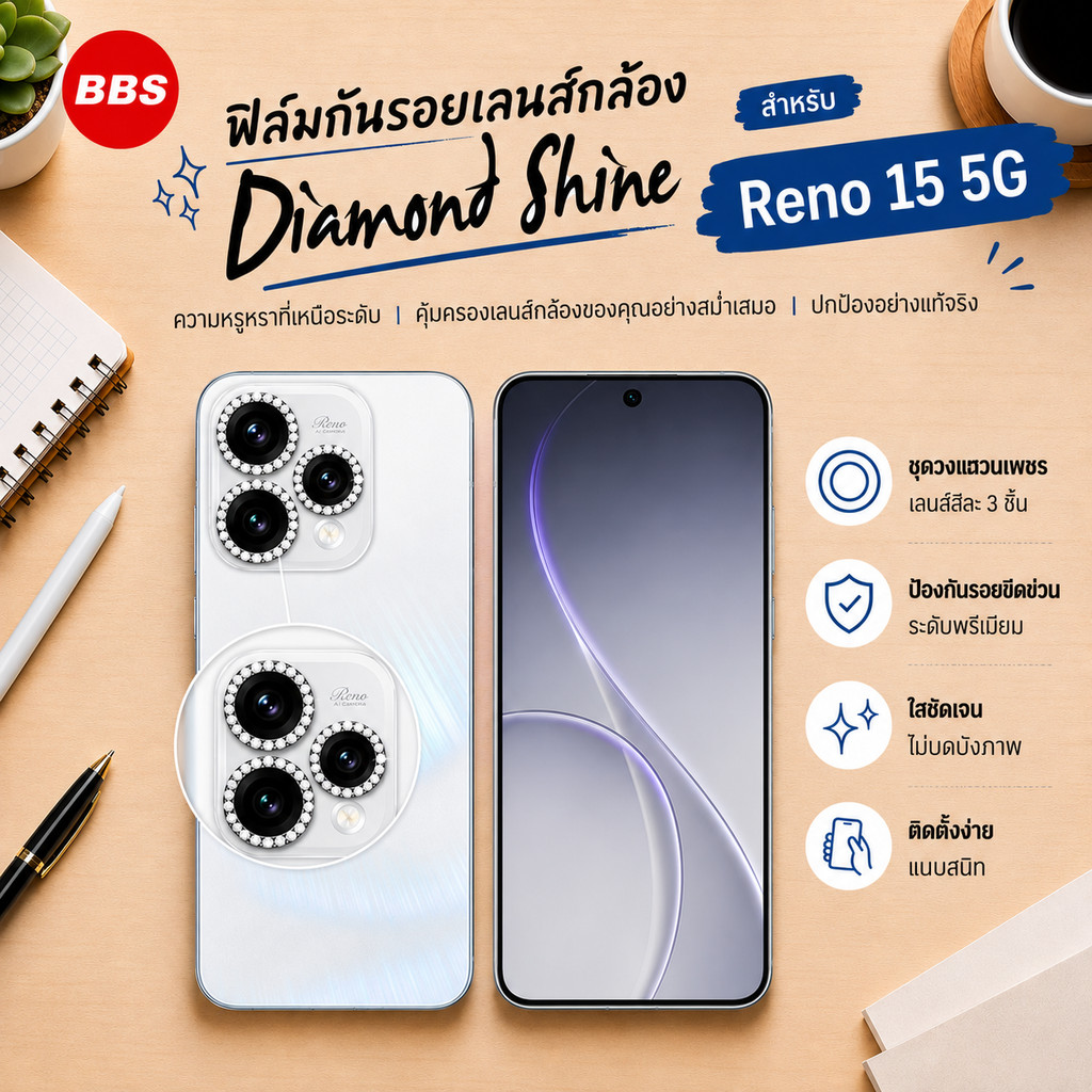 ฟิล์มเลนส์กล้องกากเพชร สำหรับ OPPO Reno15 15F 5G 15Pro 15ProMax Reno14 14F 14Pro ตรงรุ่น พร้อมส่ง ป้องกันเลนส์กล้อง