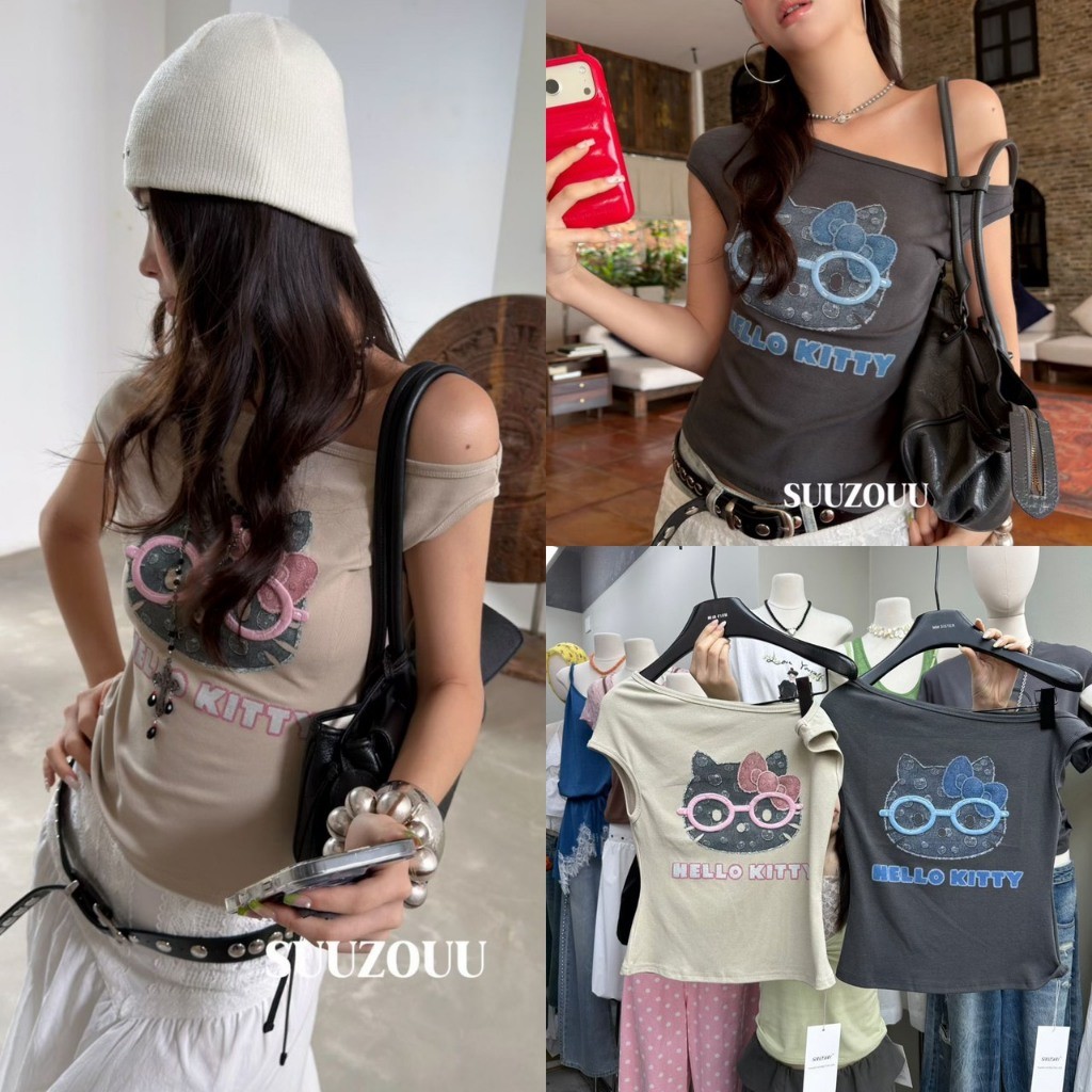 ❤ 🧵 🇰🇷 SU338 Hello Kitty ใส่แว่นสุดน่ารัก 💕 เสื้อยืดทรงเข้ารูป ใส่แล้วดูเด็กลงทันที แฟชั่นเกาหลี TAG MM Fish 🧡