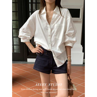 Cuties 99470 เสื้อเชิ้ตแขนยาว คอวี เสื้อเชิ้ตลำลองคอปก ทรงหลวม สไตล์เกาหลี สําหรับผู้หญิง พร้อมส่ง
