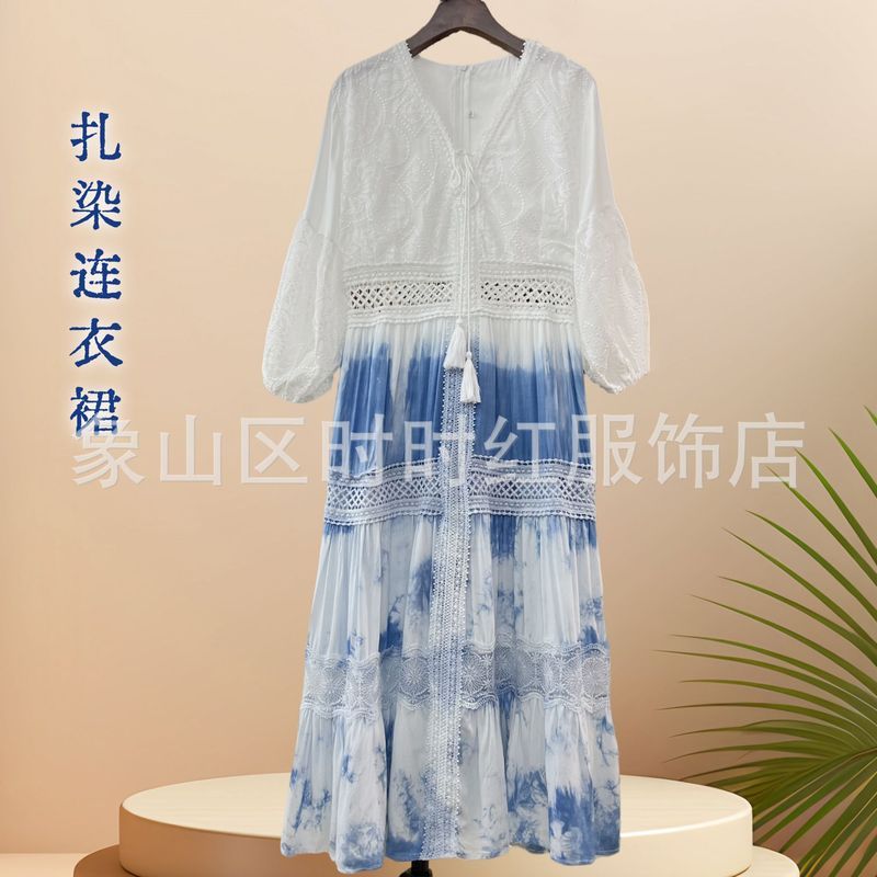วรรณกรรมRetro Dahliang Tie-Dye Blue DyeโคมไฟแขนVคอJumpsuitชุดยาววัฒนธรรมCreative Travel Tetherชุด