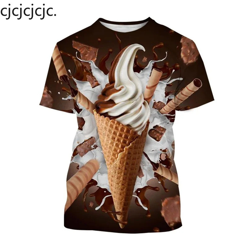 3D พิมพ์ไอศกรีมเสื้อยืดสําหรับชายช็อกโกแลตรูปแบบขนมหวาน Tees ฤดูร้อนสบายๆหลวม O-คอแขนสั้นเสื้อเด็ก T