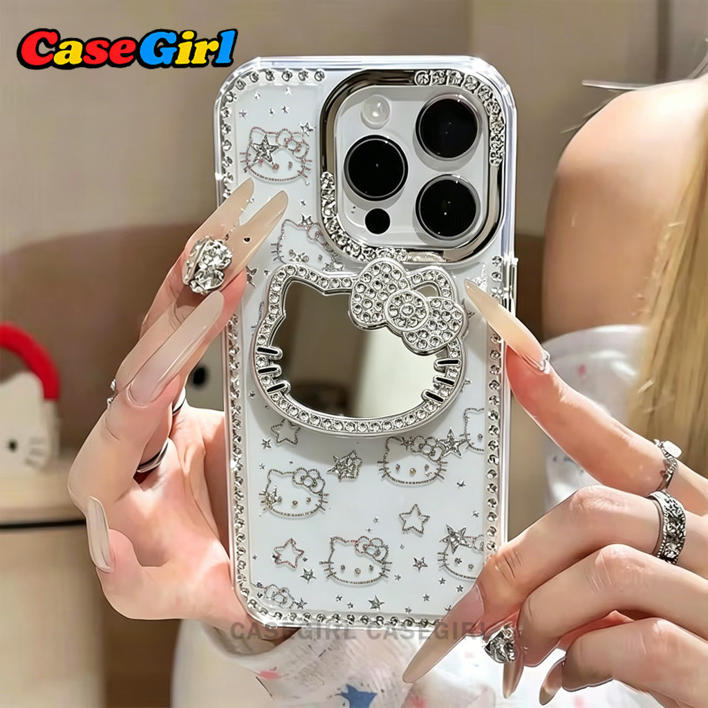 รองรับ IPhone 17 13 15 16 14 11 12 Pro Max 15 16 14 Plus ปกขอบประดับเพชร Hello Kitty กระจกแต่งหน้าลายดาววิบวับ