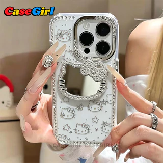 รองรับ IPhone 17 13 15 16 14 11 12 Pro Max 15 16 14 Plus ปกขอบประดับเพชร Hello Kitty กระจกแต่งหน้าลายดาววิบวับ