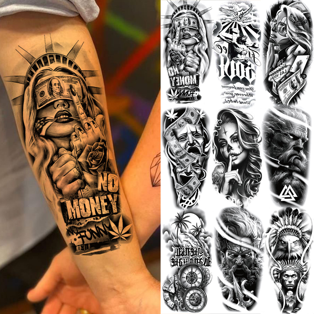 Chicano Gangster Zeus God กันน้ํารอยสักชั่วคราวสําหรับผู้ชายผู้หญิงผู้ใหญ่สีดํา Body Arm สติ๊กเกอร์รอยสักปลอม