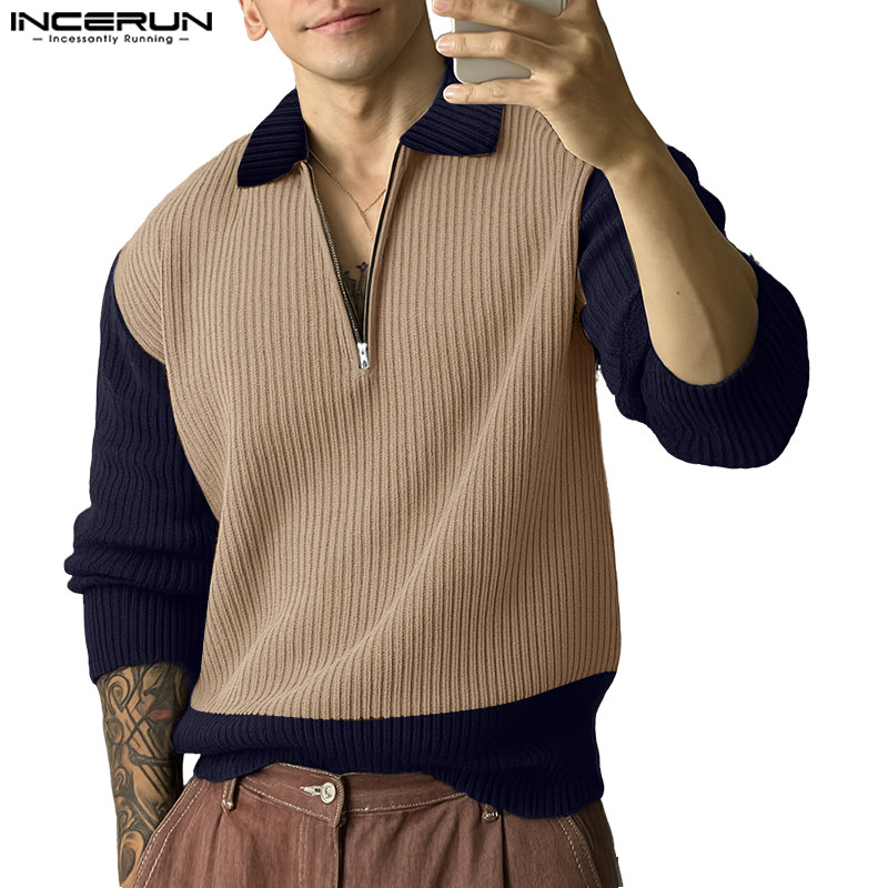 INCERUN เสื้อกันหนาวแขนยาวสไตล์เกาหลี ครึ่งซิปรูปทรงหลายตัดต่อ สำหรับหนุ่มในฤดูหนาว