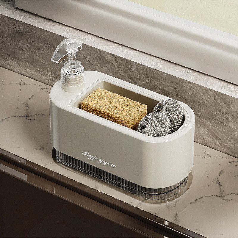 เครื่องจ่ายสบู่เหลวล้างจานในครัวพร้อมที่ใส่ฟองน้ำ เครื่องจ่ายสบู่เหลวแบบปั๊ม 2-in-1 บนเคาน์เตอร์สำหรับอ่างล้างจานในครัว