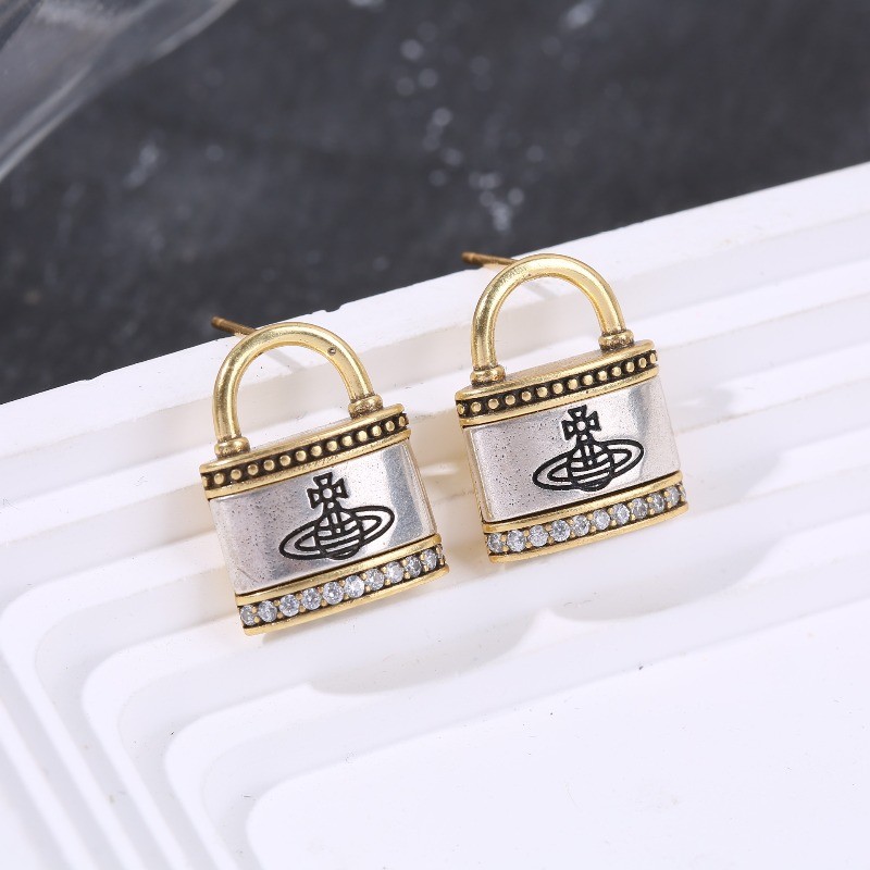 ต่างหู Planet Lock Saturn เคลือบด้วยทองและสีเงิน สไตล์ย้อนยุค
