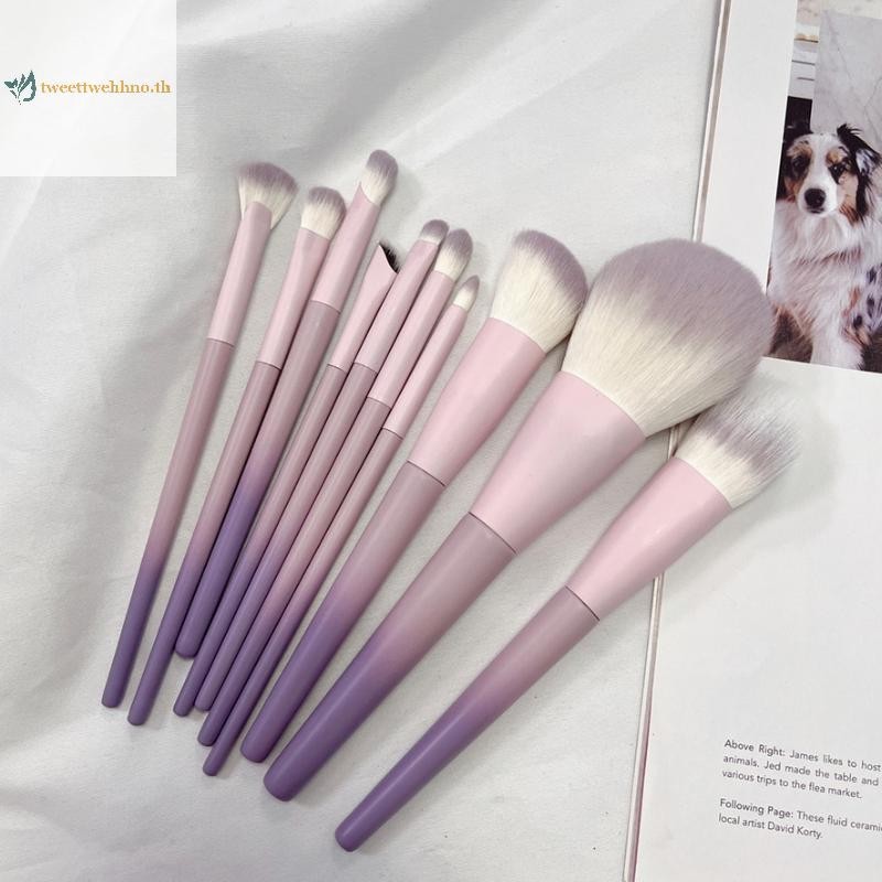 Tweettwehno ชุดแปรงแต่งหน้าสีม่วง 10 ชิ้น, แปรงแป้งฝุ่น, แปรงอายแชโดว์, ชุดเครื่องมือความงามครบชุดแป