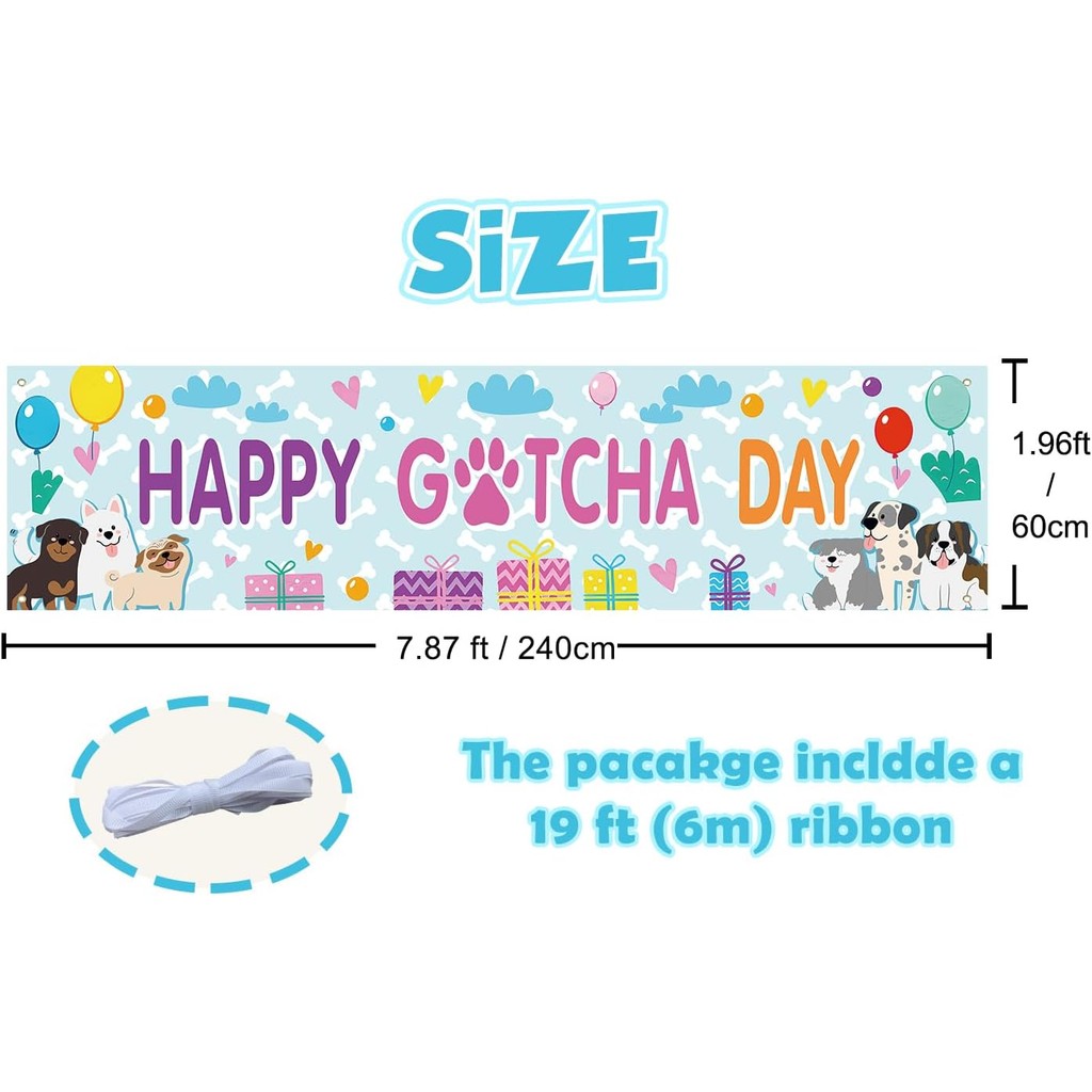 Dogs Happy Gotcha Day Banner 7.8 x 1.9 ฟุต, Pet Adoption Anniversary Party Decor, Dog Puppy Birthday