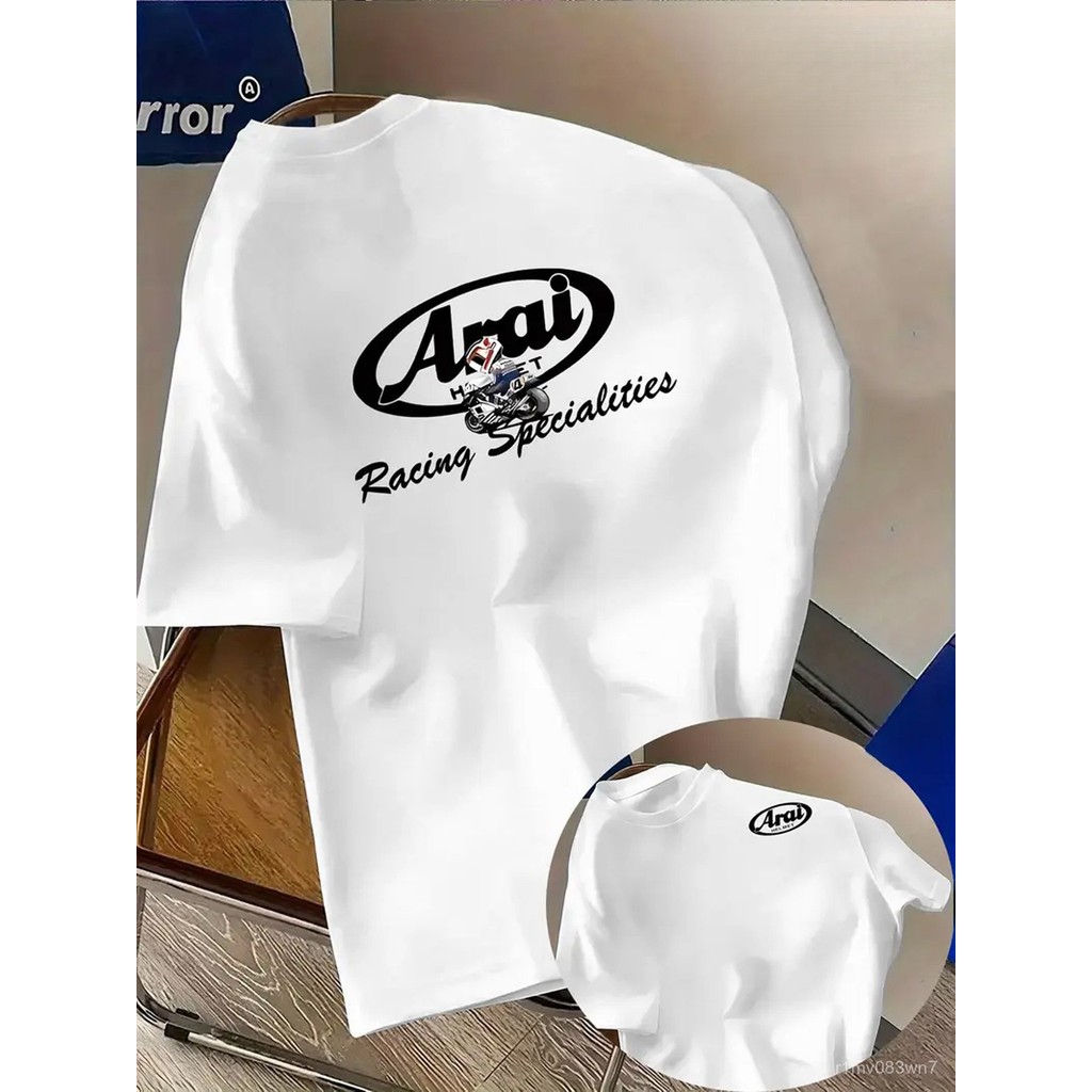 ทีเชิ้ตกราฟิก Arai Racing Specialties สำหรับผู้ชาย - สีขาว คอวี แขนสั้น โลโก้สีดำ ระบายอากาศได้ดี ขนาดปกติ