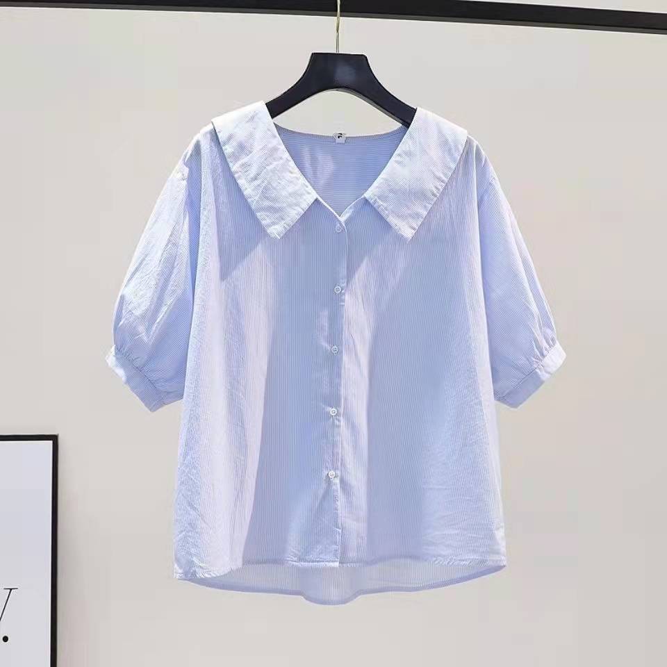 ส่งไวจากไทย Summer S-3XL ผ้าฝ้ายสีฟ้าลายเสื้อคอตุ๊กตาผู้หญิงหลวม ๆ ผ้าฝ้ายผ้าลินินเสื้อฤดูร้อน